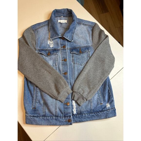 Ci Sono Women's Blue Gray Sweatshirt Sleeves Denim Jean Jacket Size Medium - Picture 1 of 8